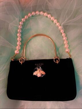 Gucci Beauty Velvet Black Cosmetic Pouch With Gold Handles and Pearl Top Handles